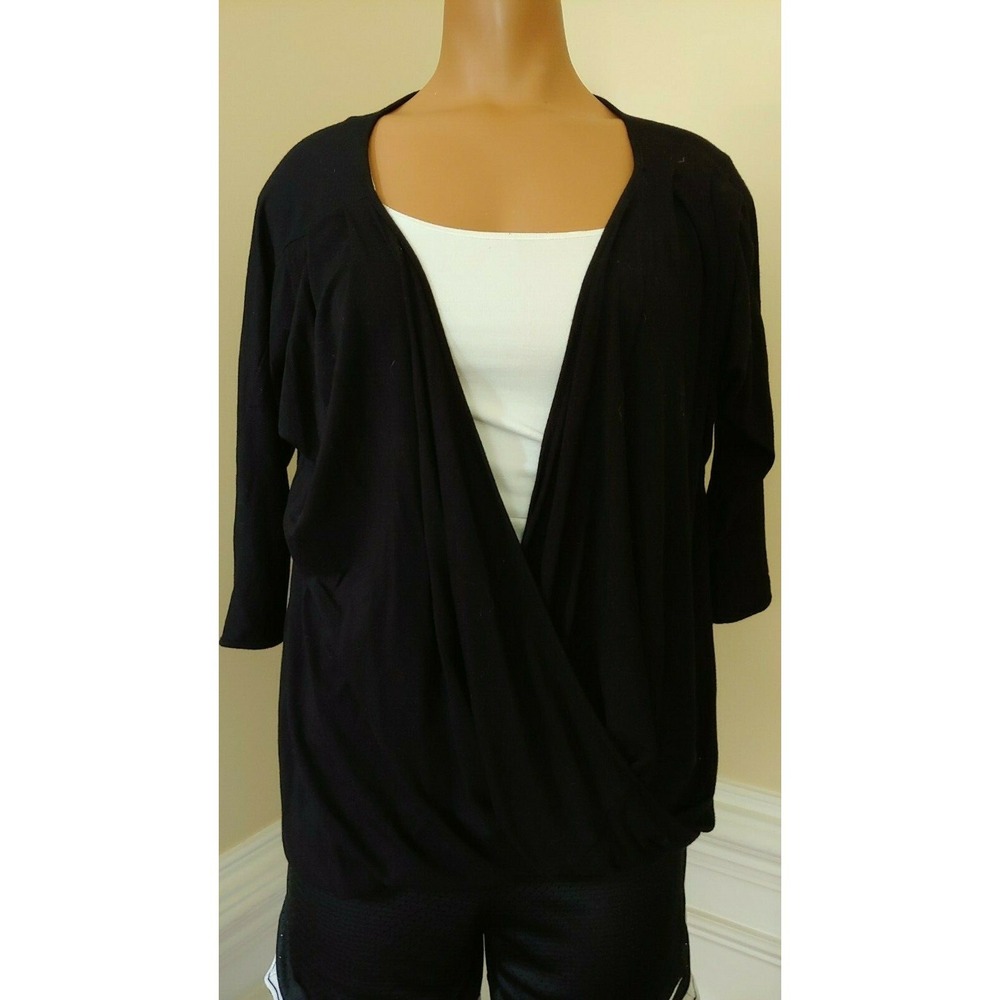 Ella Moss M Medium rayon stretch top blouse black crossover wrap drape front